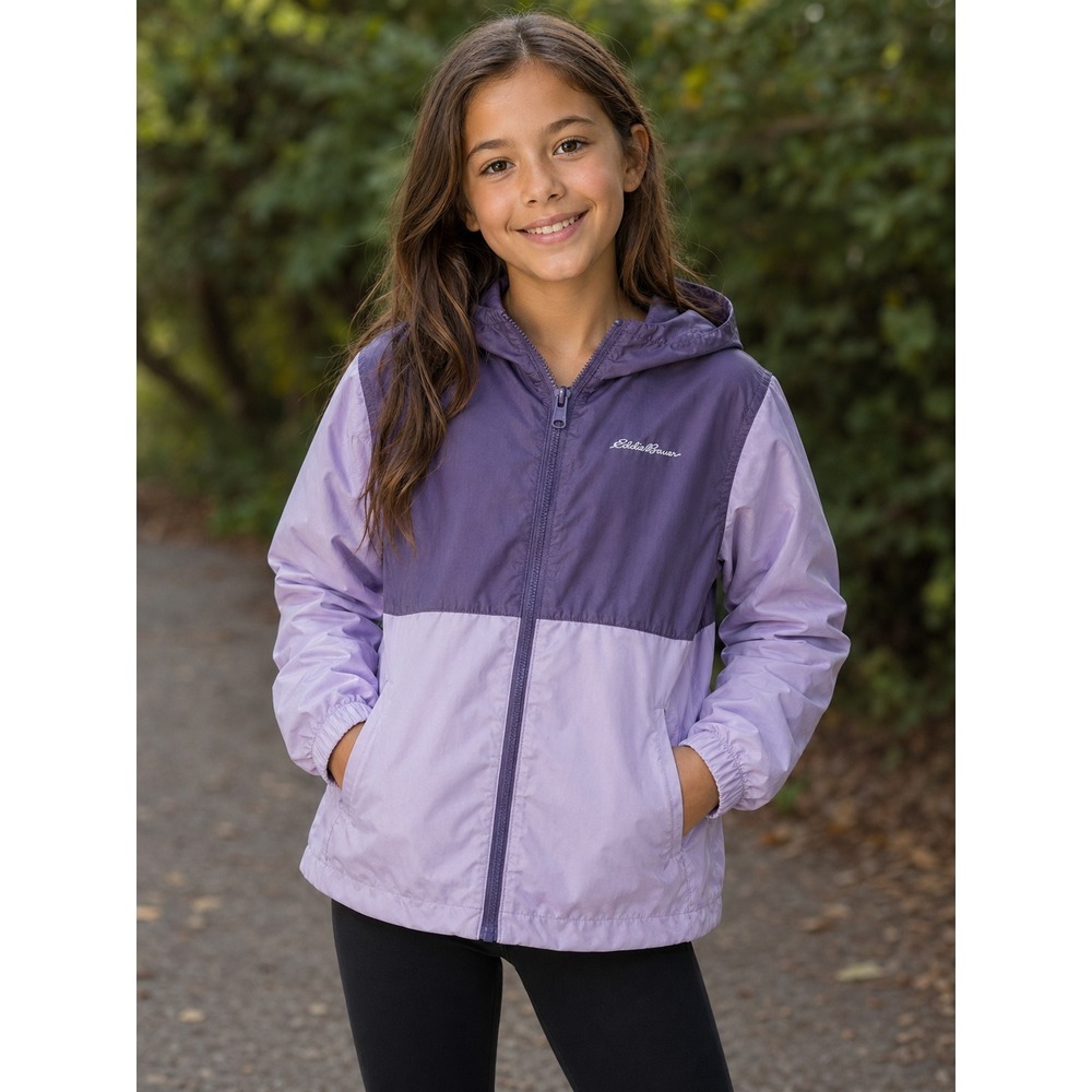 Eddie Bauer Girls Windbreaker Jacket Small Purple Hooded Lightweight Zip Coat